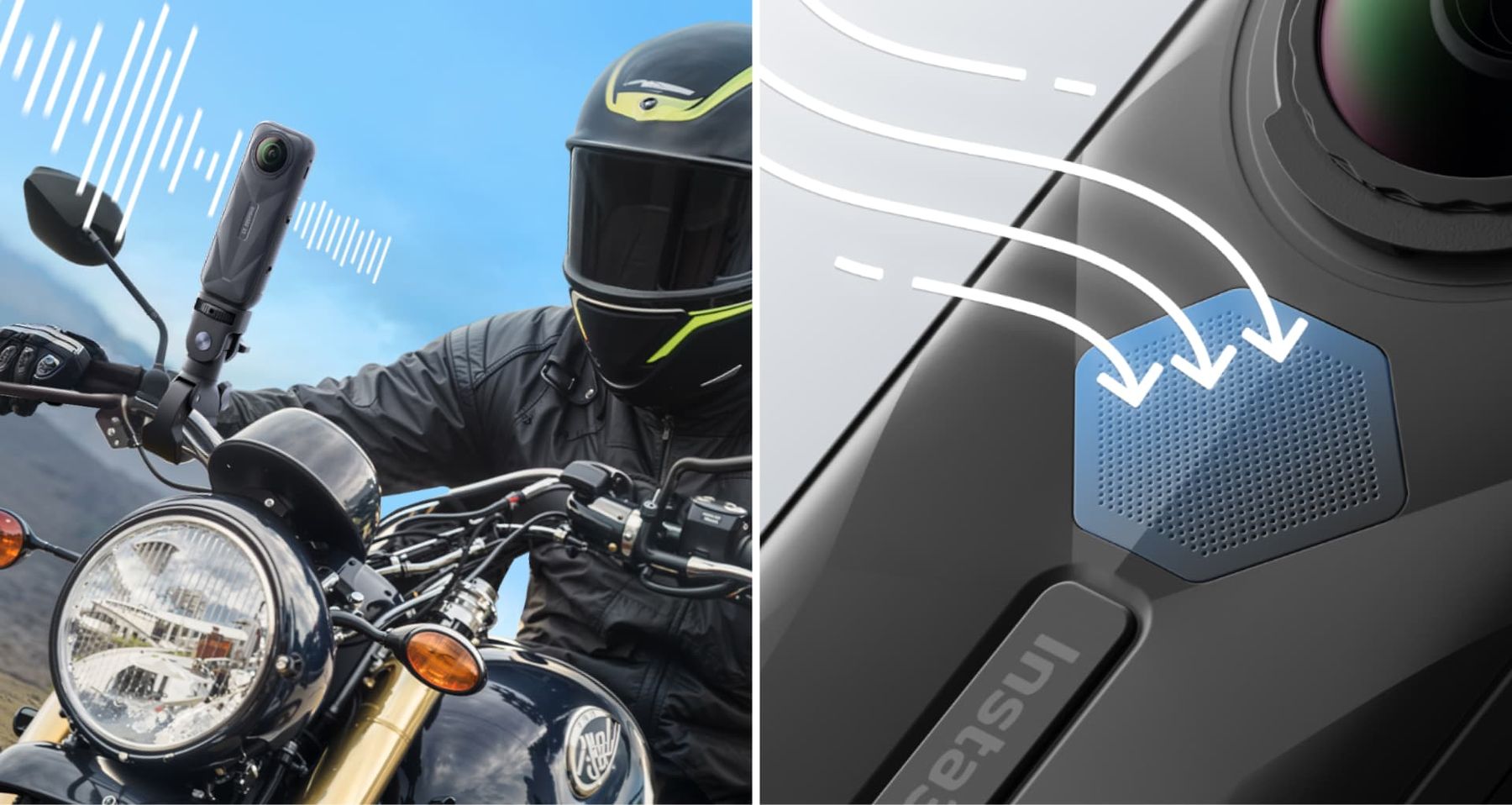X5 mounted on a motorcycle and a close-up of the wind guard vent