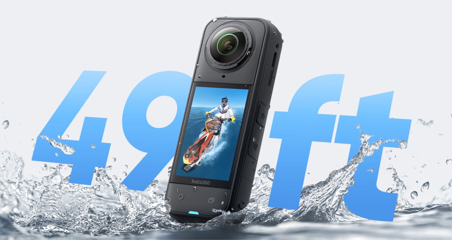 Insta360 X5 splashing into water, waterproof to 15 m